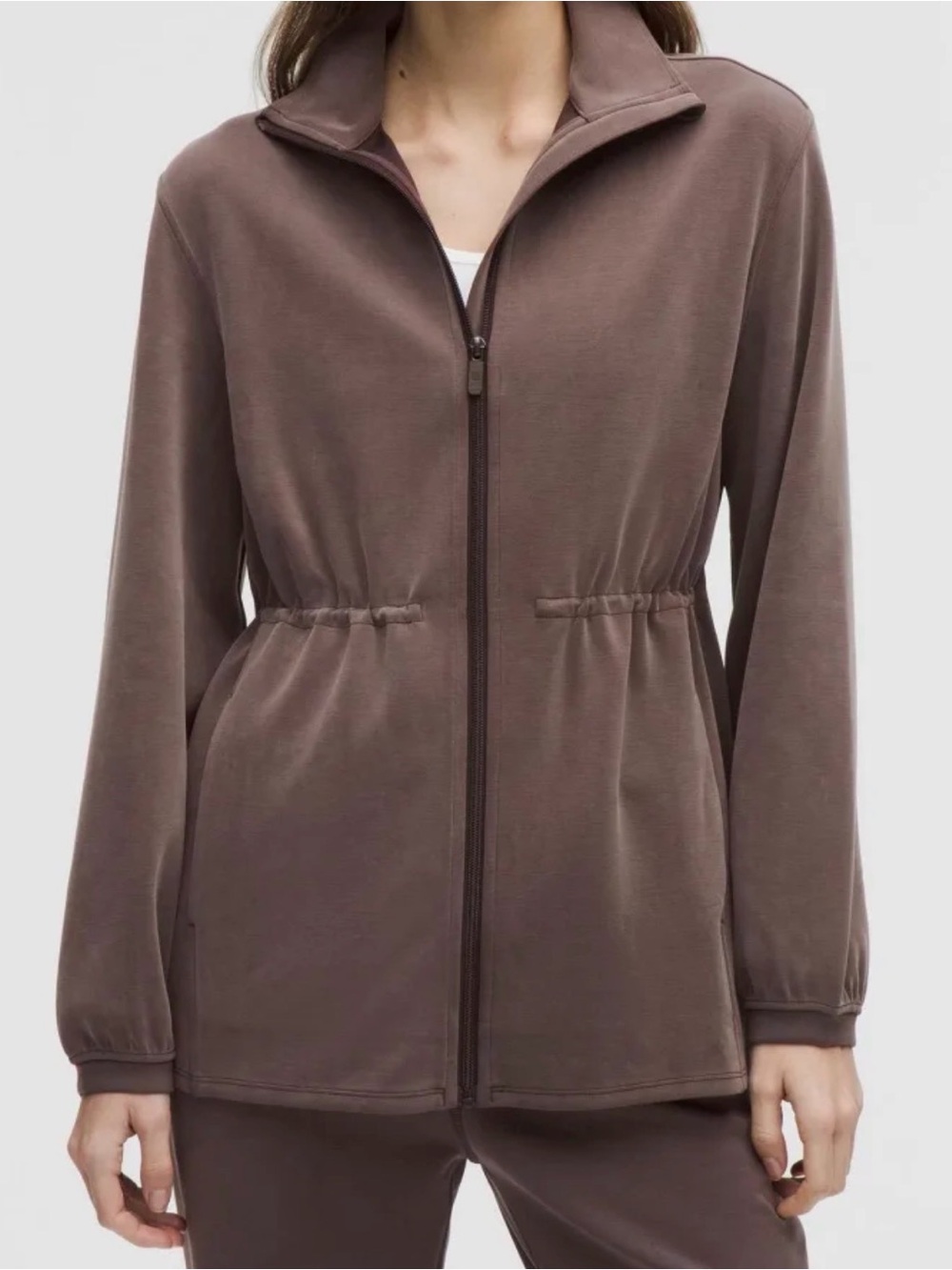 Soft stream  Brown Zip-Front Jacket with Cinched Waist